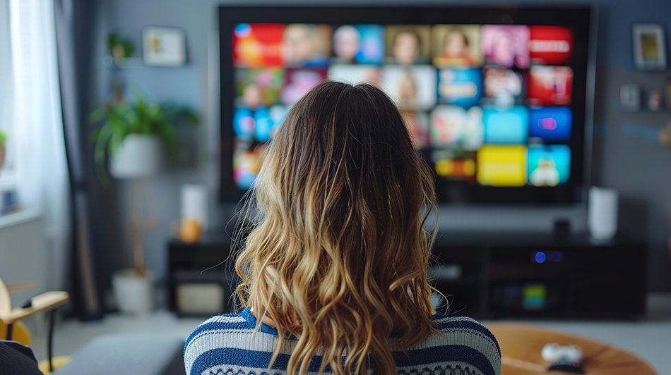 image of woman in front of television set showing ad from digital media buying