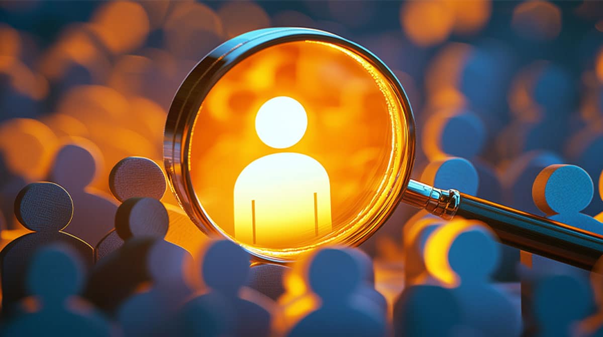 A magnifying glass highlighting a glowing orange user icon in a blue-toned crowd, symbolizing recruitment, customer focus, and individualized care
