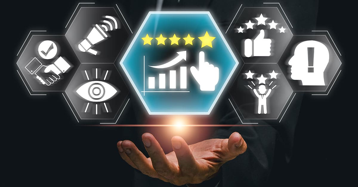 Reputation management logos floating above hand in image