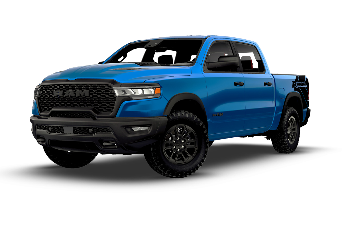 Blue RAM Rebel pickup truck shown from a front three-quarter angle with rugged off-road tires.
