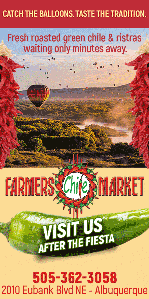 Vertical banner ad for Farmers Market Chile: roasted green chile, festive logo, hot-air-balloon scenery, and the call-to-action 'Visit us after the fiesta' with contact 505-362-3058 at 2010 Eubank Blvd NE, Albuquerque.
