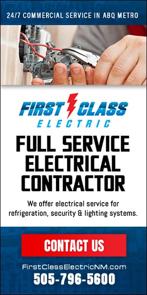 Vertical ad for First Class Electric: technician wiring a panel, bold 'Full Service Electrical Contractor' headline, services listed (refrigeration, security & lighting), red 'Contact Us' button, with website and phone number.