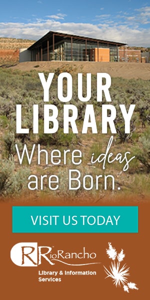 Promotional banner for Your Library with a modern building and 'Visit Us Today' CTA at Rio Rancho Library & Information Services.