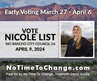 Campaign banner for Nicole List, Rio Rancho City Council D6, with early voting March 27–April 6 and election April 9, 2024; includes candidate photo on right.