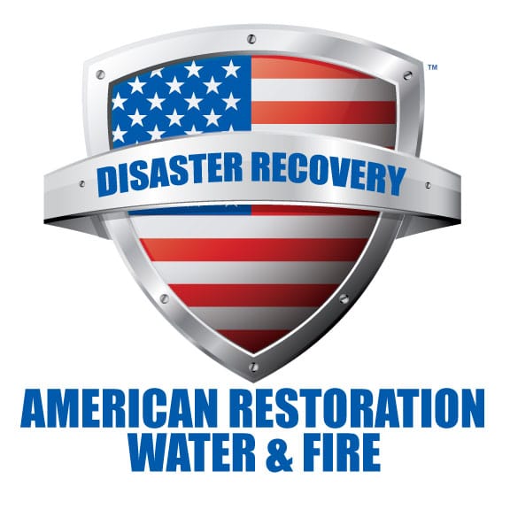 Silver shield logo featuring a waving American flag, with a banner reading DISASTER RECOVERY and the text AMERICAN RESTORATION WATER & FIRE below, representing a disaster recovery company.