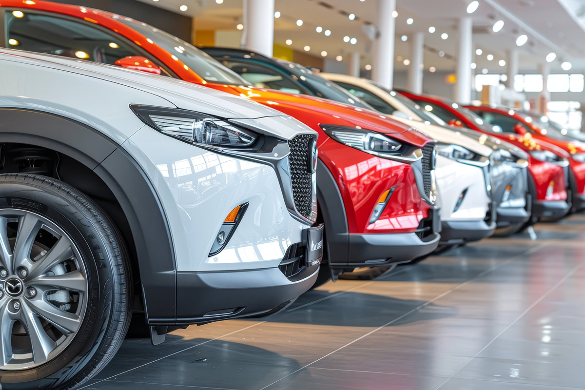 New cars parked in a dealership building