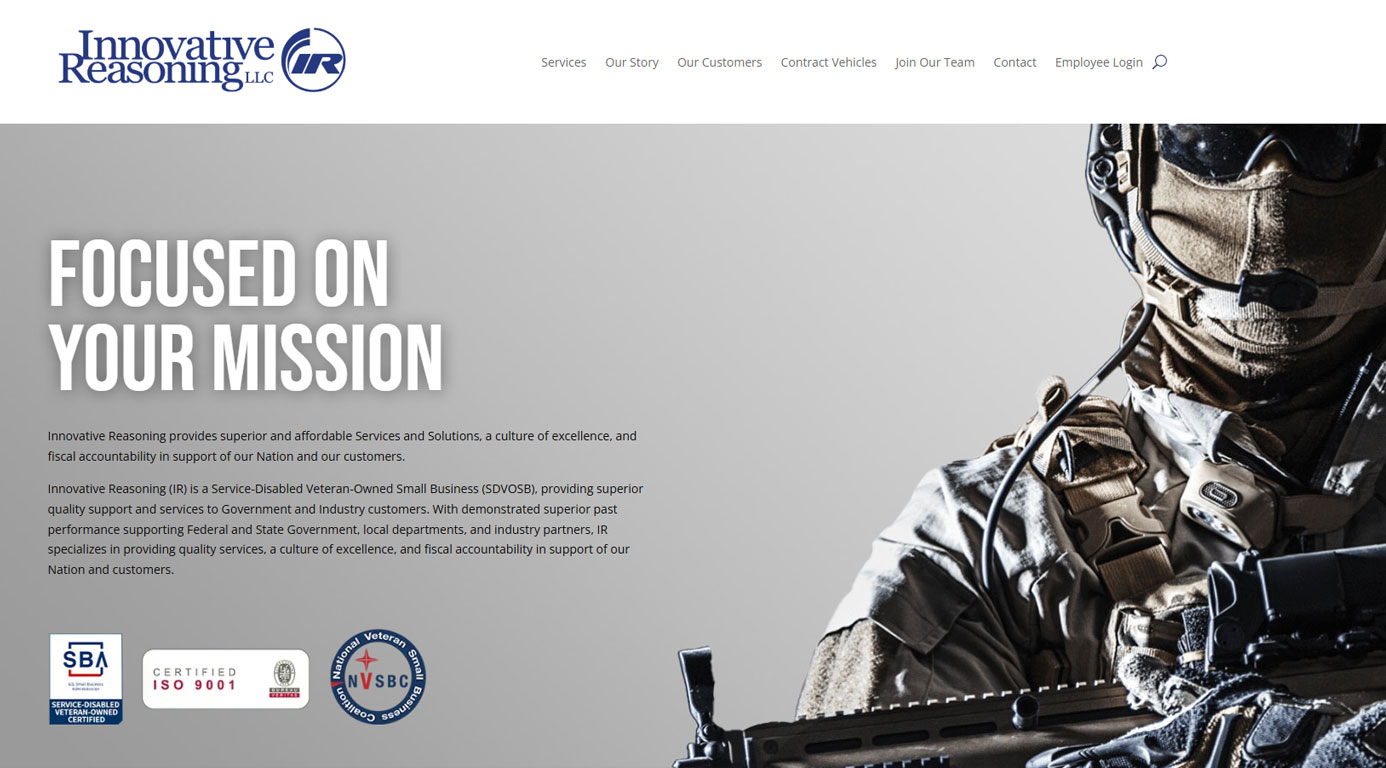 Hero banner with a soldier in tactical gear on the right and large 'FOCUSED ON YOUR MISSION' headline on the left.