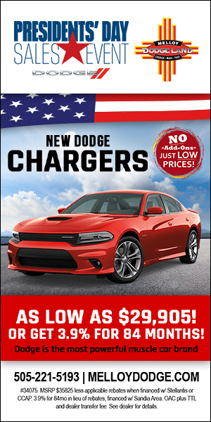 Promotional banner for Presidents' Day Sales Event by Melloy Dodge, featuring a red Dodge Charger and price offer text, with an American flag motif in the background.