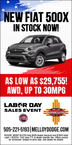 Ad for a new Fiat 500X in stock: price as low as $29,755, AWD up to 30 MPG, Labor Day Sales Event at Melloy Dodge.