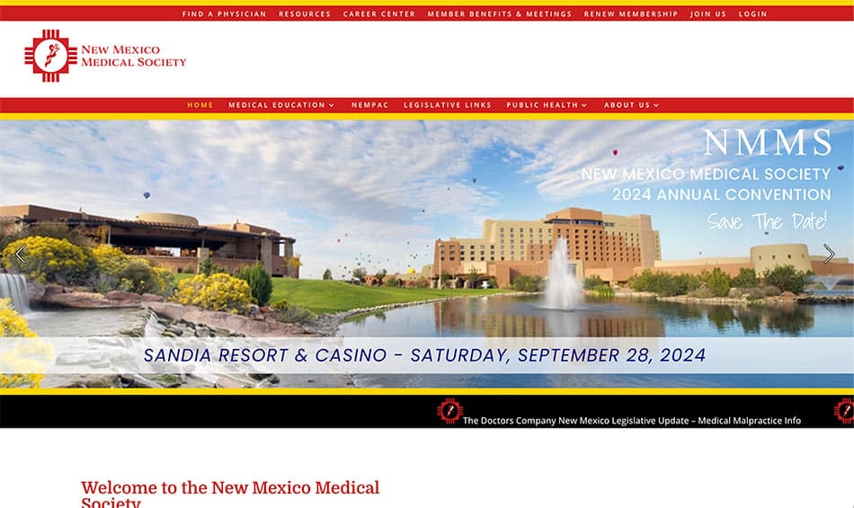 New Mexico Medical Society header with logo and a hero banner announcing the 2024 NMMS Annual Convention at Sandia Resort & Casino, Save The Date visible.