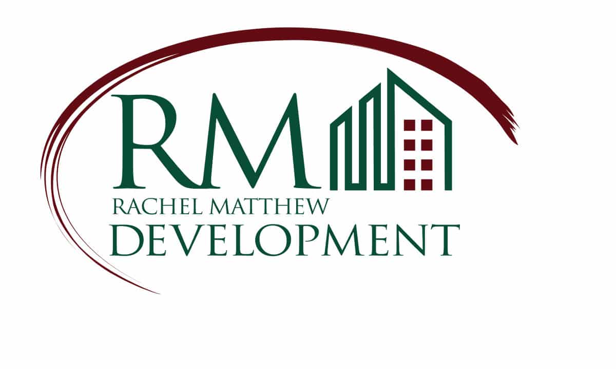 RM Development logo with large RM letters, a green building motif, and a maroon curved arc