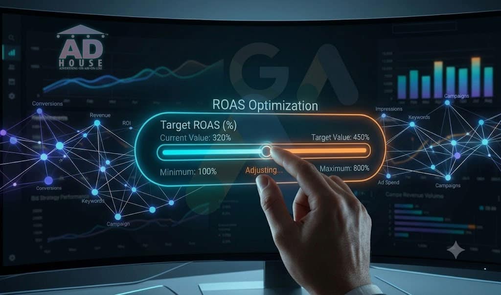 Hand taps a glowing ROAS optimization slider on a futuristic analytics dashboard